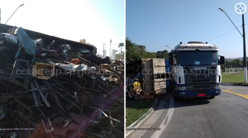 arga de carreta tomba em alça de acesso para Rodovia Castello Branco  Foto: Reprodução/Artesp